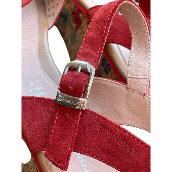 Stonefly Diva Platform Wedge Suede Sandals Size 37 Aurora Red - Picture 7 of 16